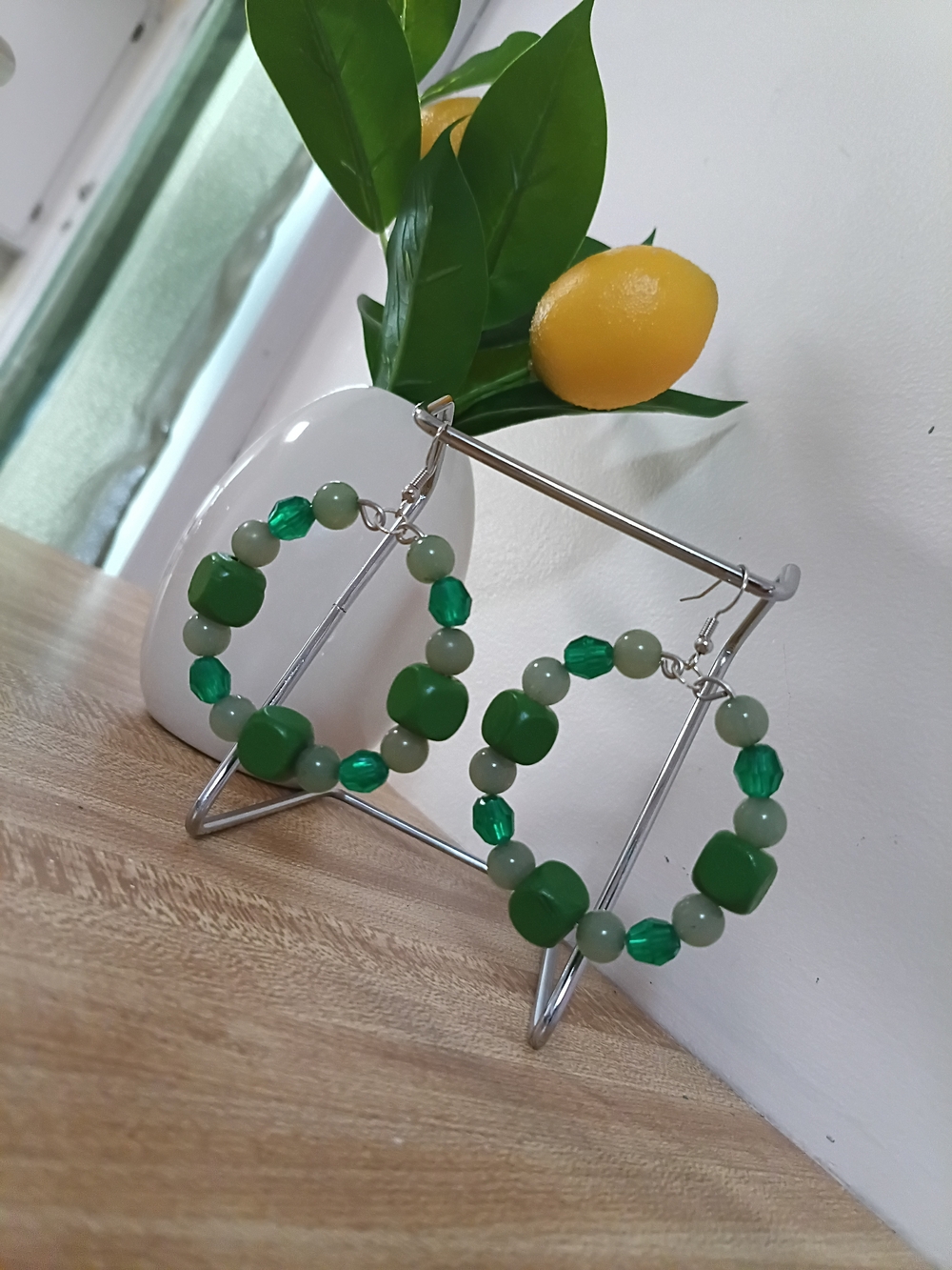 Handmade Green Beaded Hoop Earrings - Women Jewelry - Picture 2 of 2